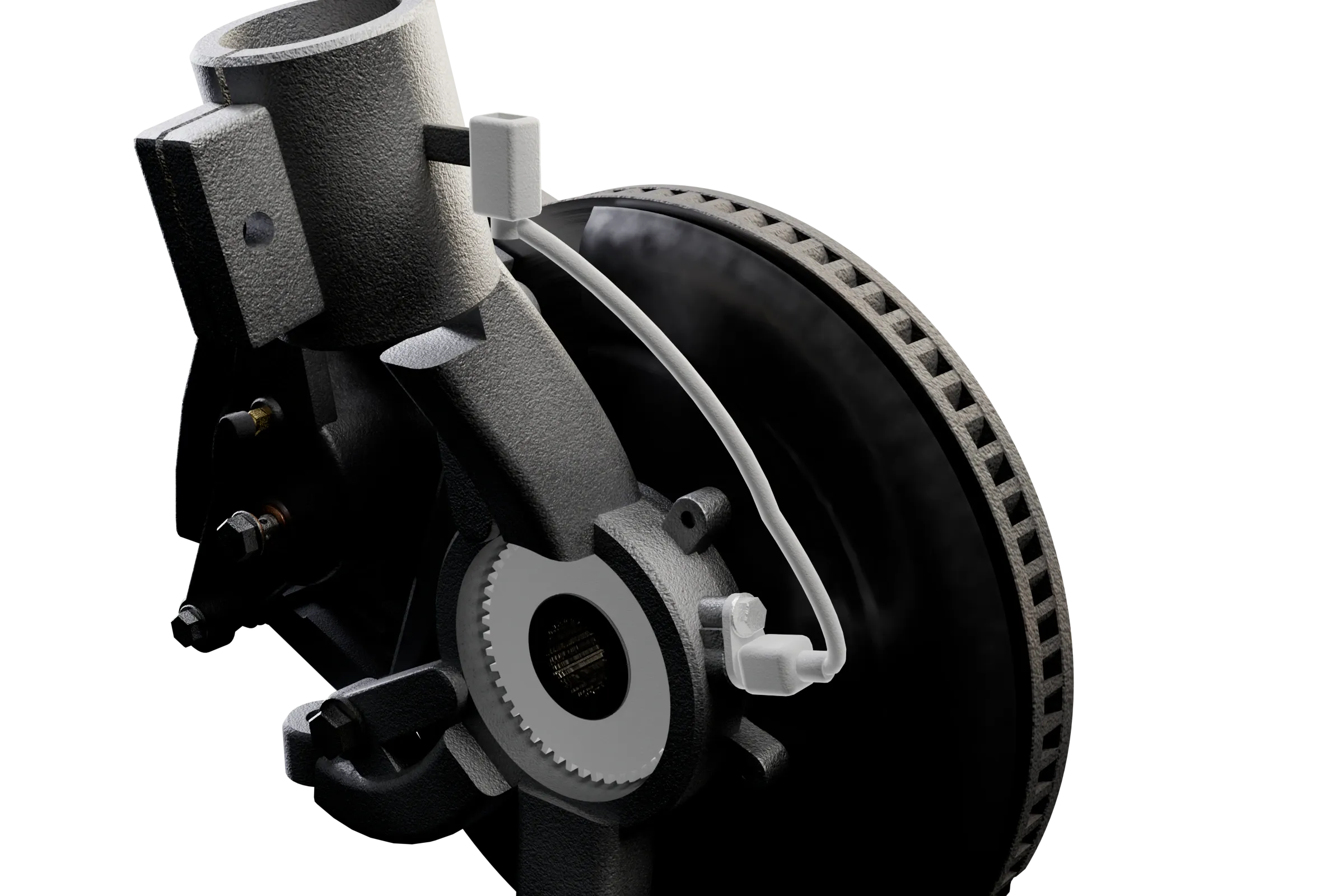 The ABS sensor lit in the app's 3D model of the brake, with the rest of the assembly darkened