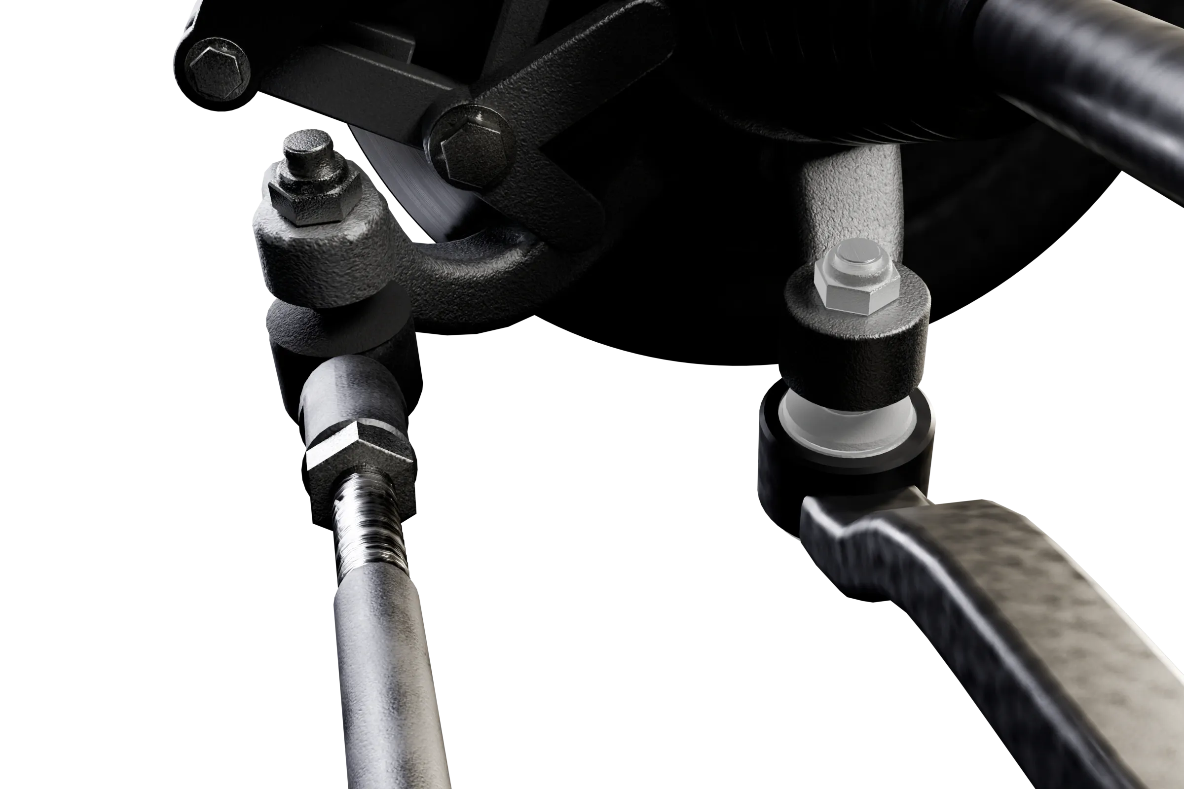 The ball joint lit in the app's 3D model of the MacPherson strut, with the rest of the assembly darkened