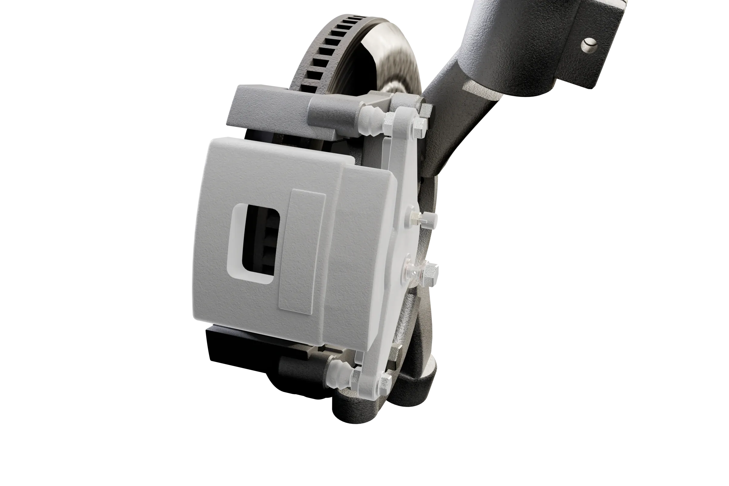The brake caliper lit in the app's 3D model of the brake, with the rest of the assembly darkened