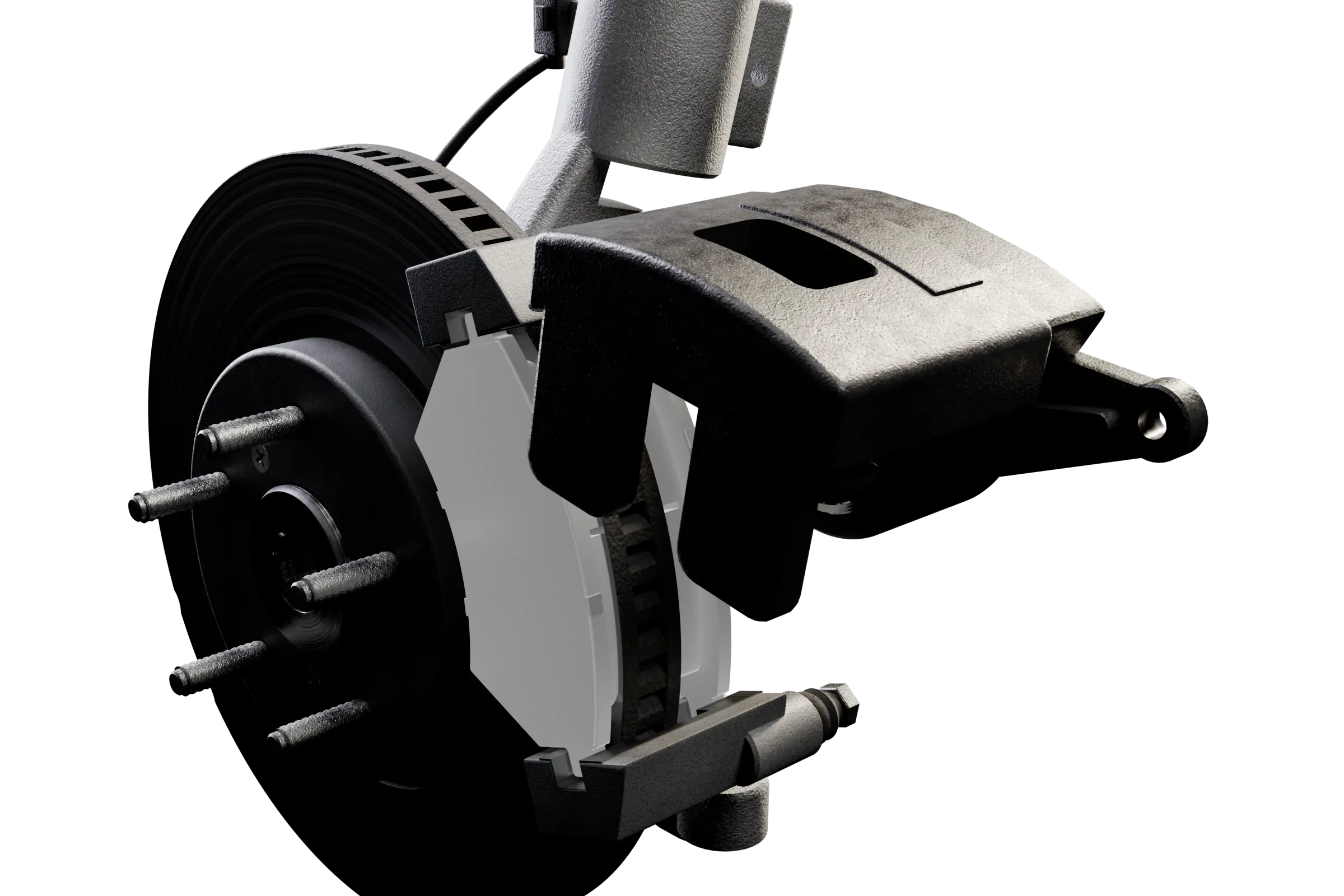 The brake pads lit in the app's 3D model of the brake, with the rest of the assembly darkened
