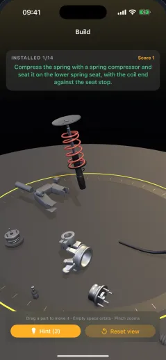 3D Mechanic on iPhone in Build mode, fitting a strut in workshop order