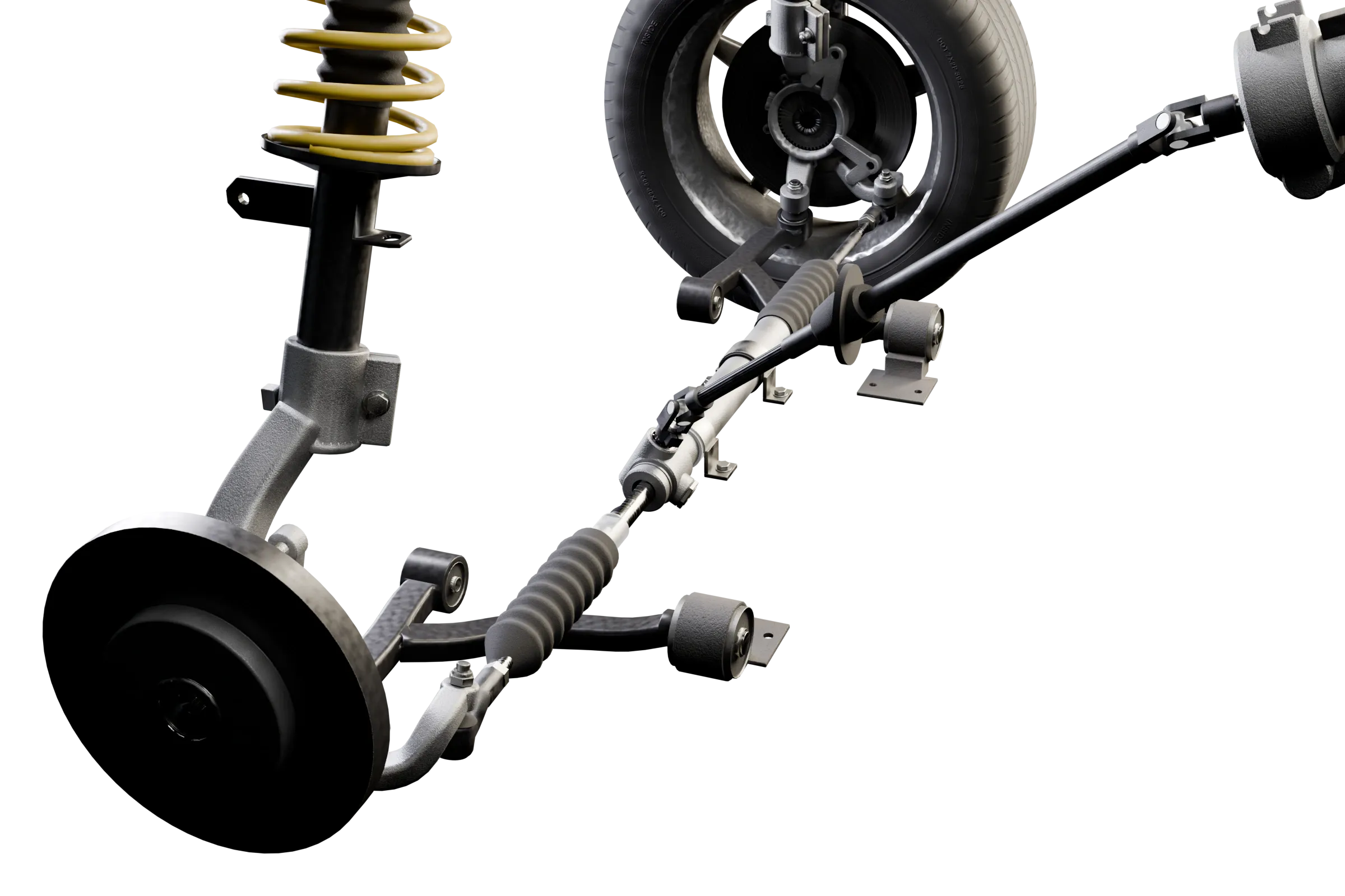 The likely causes lit in the app's 3D model of the rack and pinion steering, with the rest of the assembly darkened