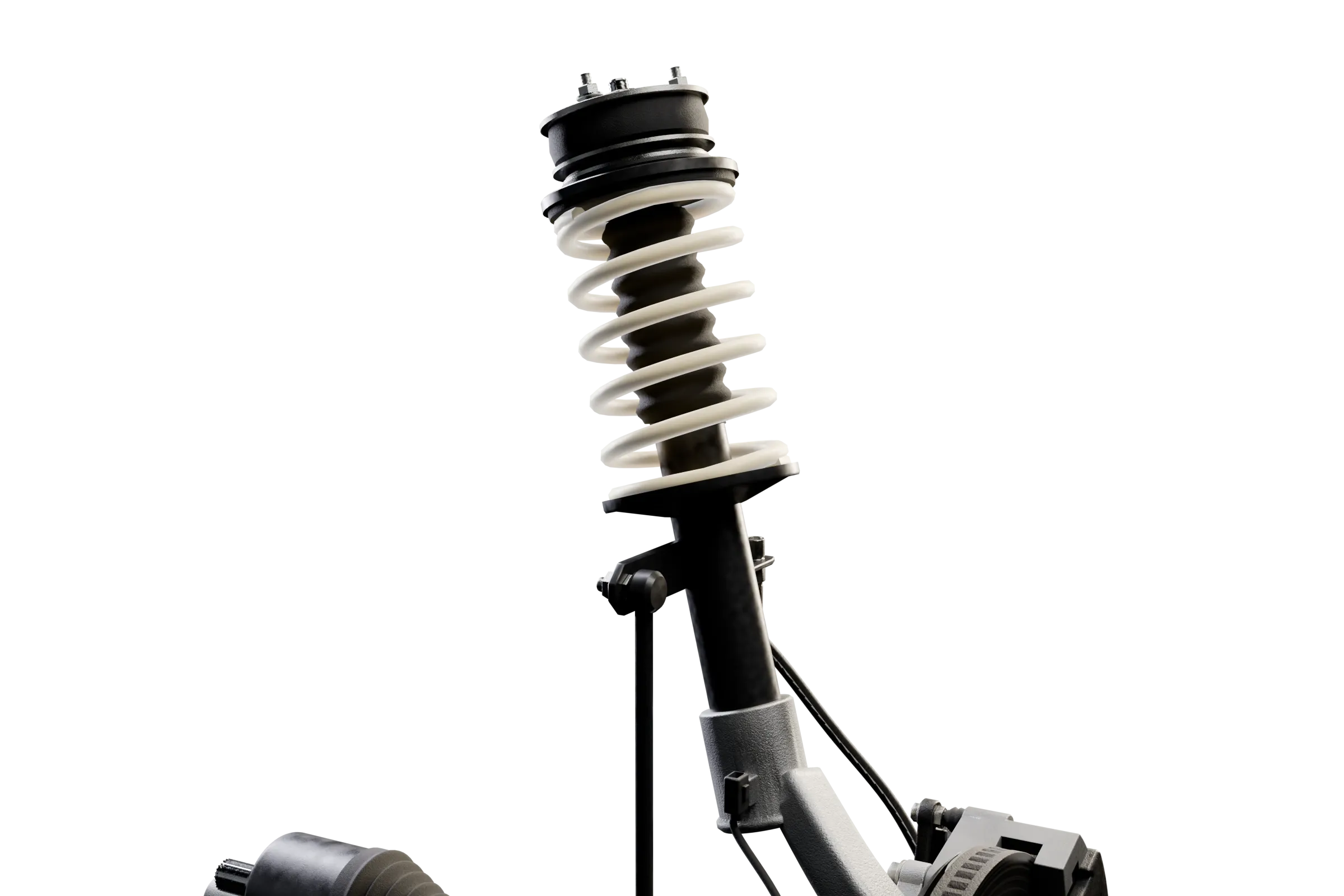 The coil spring lit in the app's 3D model of the MacPherson strut, with the rest of the assembly darkened