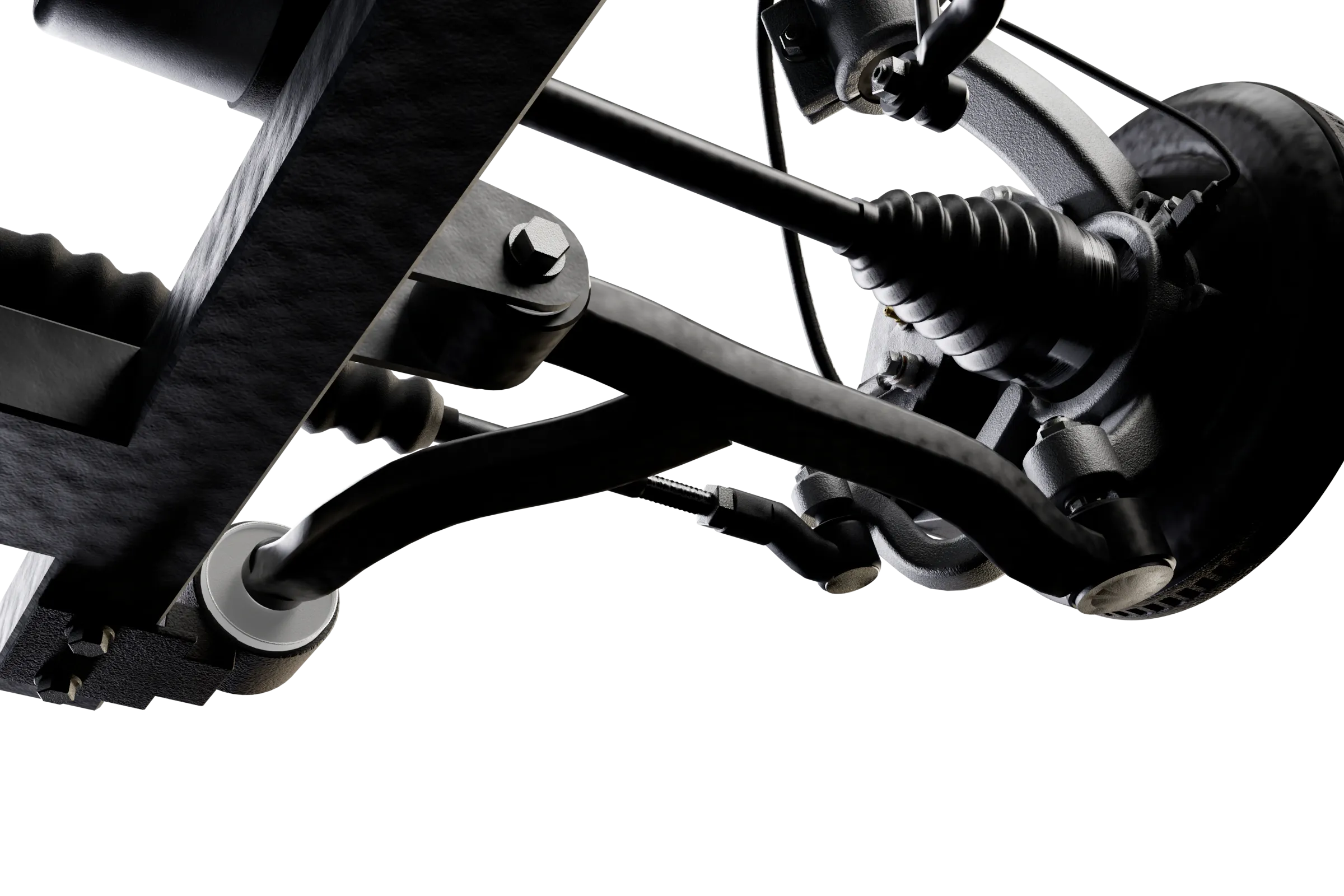The control arm bush lit in the app's 3D model of the MacPherson strut, with the rest of the assembly darkened