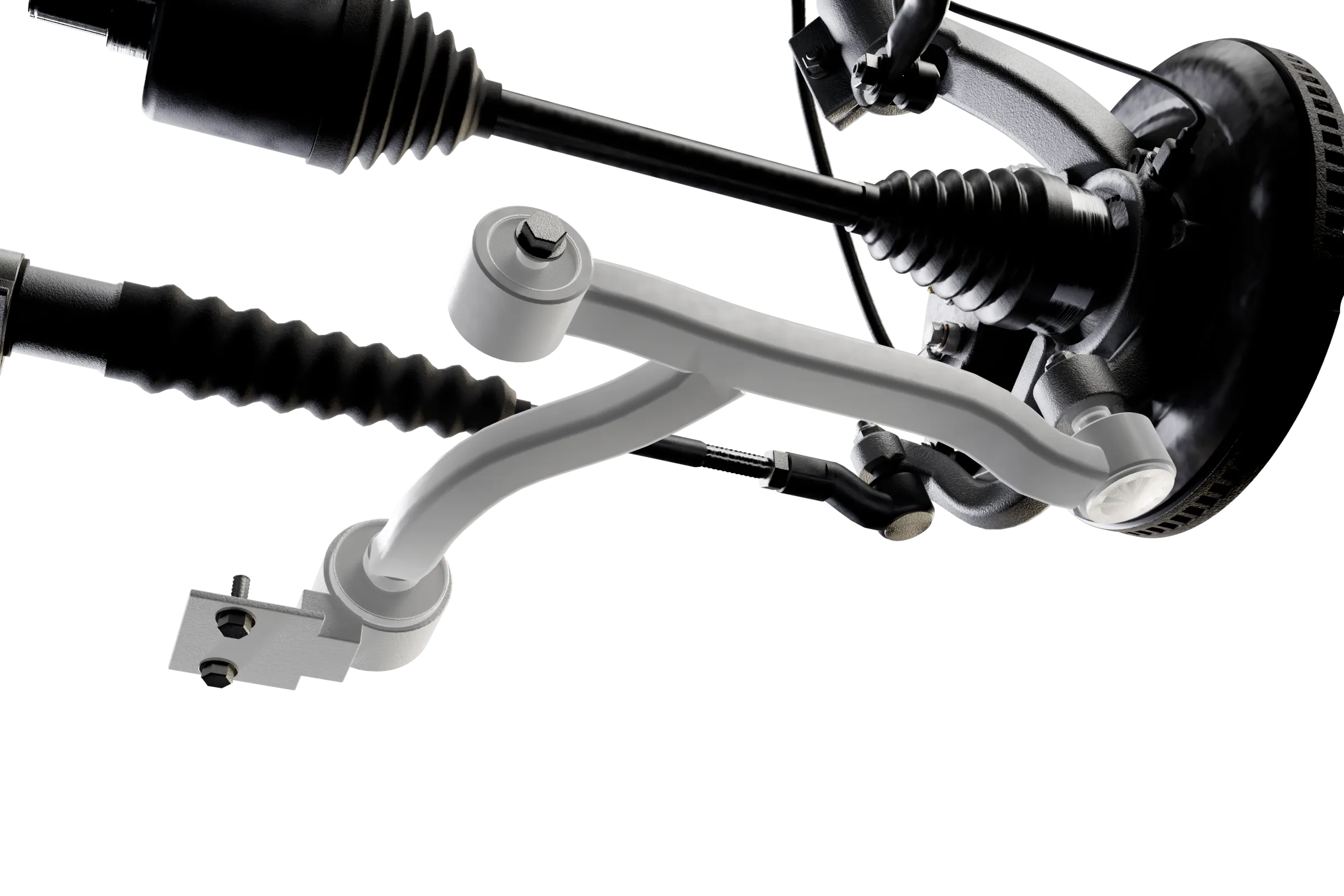 The control arm lit in the app's 3D model of the MacPherson strut, with the rest of the assembly darkened