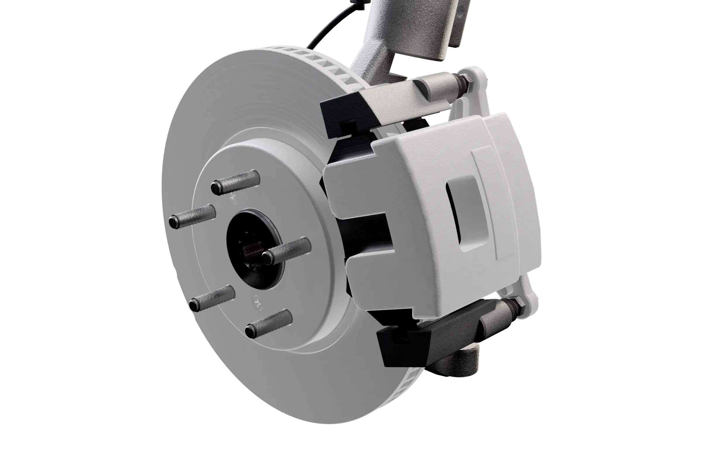 The parts compared lit in the app's 3D model of the brake, with the rest of the assembly darkened