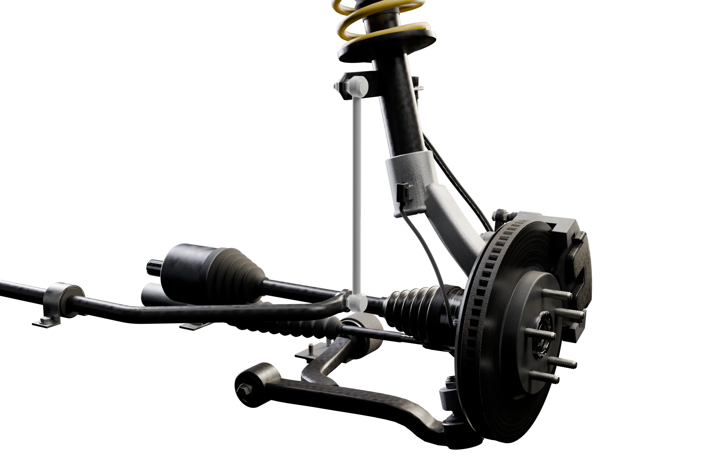 The drop link lit in the app's 3D model of the MacPherson strut, with the rest of the assembly darkened