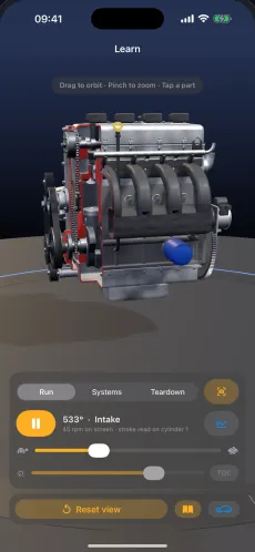 3D Mechanic on iPhone showing the four-stroke engine in interactive 3D