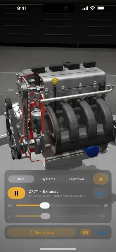 3D Mechanic on iPhone showing the four-stroke engine in interactive 3D