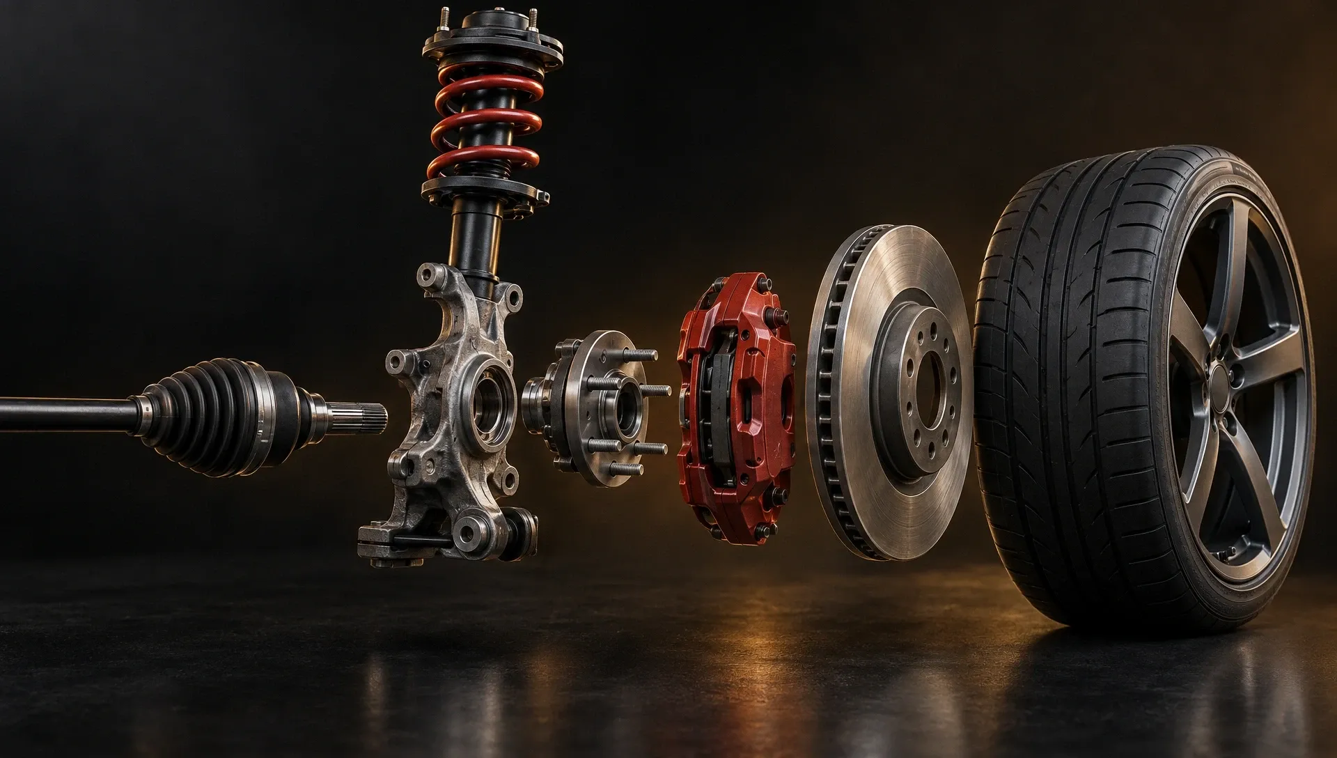 Illustration: the front corner of a car taken apart, from the drive shaft and steering knuckle to the strut, brake caliper, brake disc and wheel