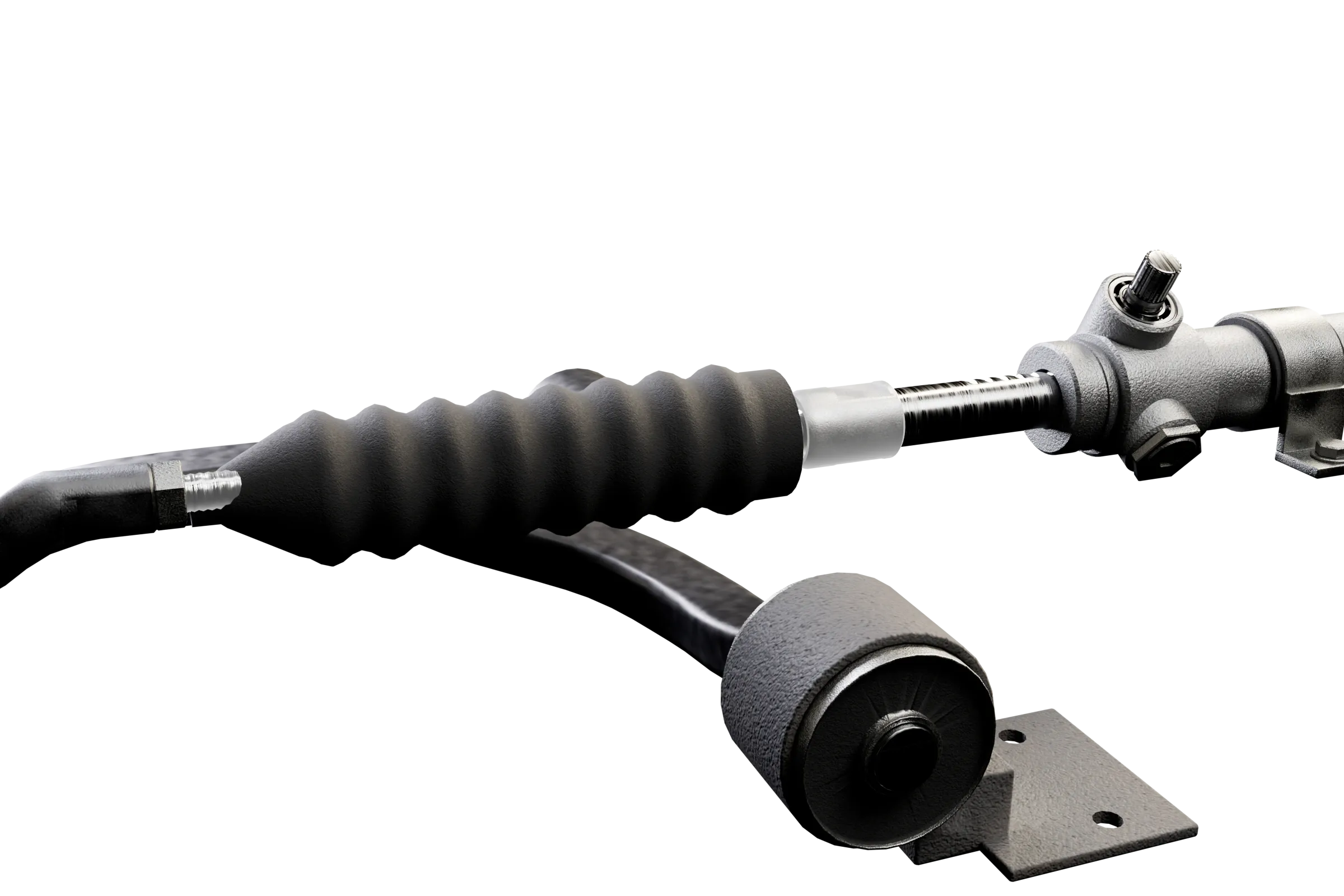 The inner tie rod lit in the app's 3D model of the rack and pinion steering, with the rest of the assembly darkened