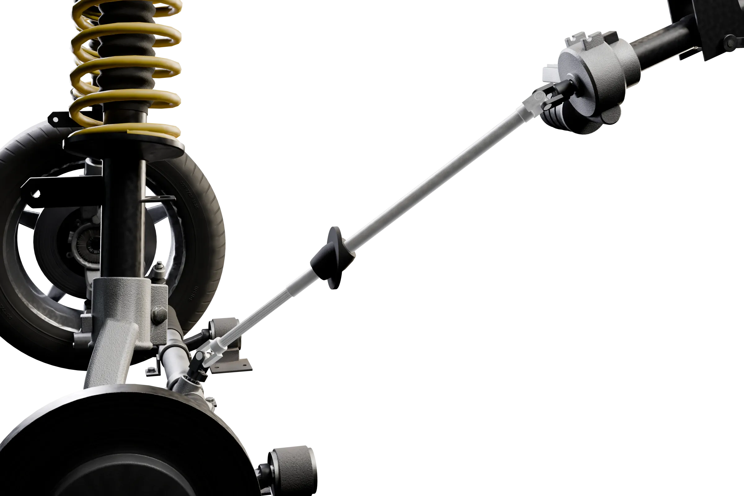 The intermediate steering shaft lit in the app's 3D model of the rack and pinion steering, with the rest of the assembly darkened