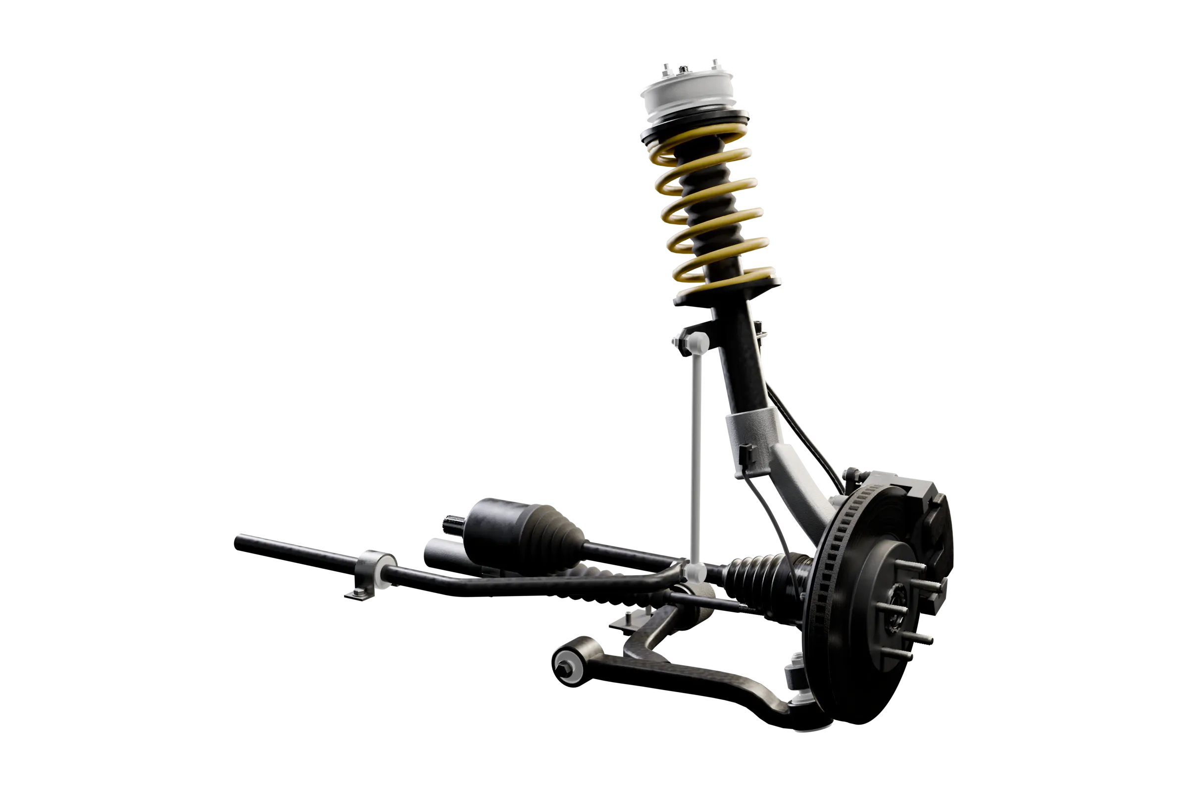 The likely causes lit in the app's 3D model of the MacPherson strut, with the rest of the assembly darkened