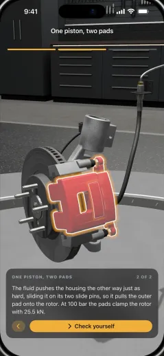 A brake lesson in 3D Mechanic: the caliper is highlighted beside a card explaining its piston and brake pads
