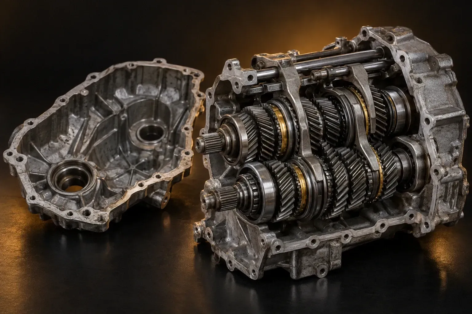 Illustration: the inside of a five-speed manual gearbox with its gear shafts, synchro rings and shift forks, lit in a dark studio