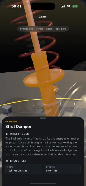3D Mechanic on iPhone showing the Strut Damper part card: what it does and its spec sheet