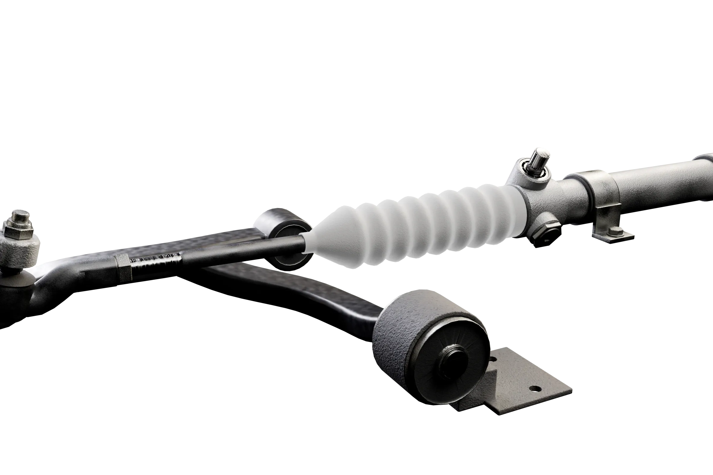 The steering rack boot lit in the app's 3D model of the rack and pinion steering, with the rest of the assembly darkened