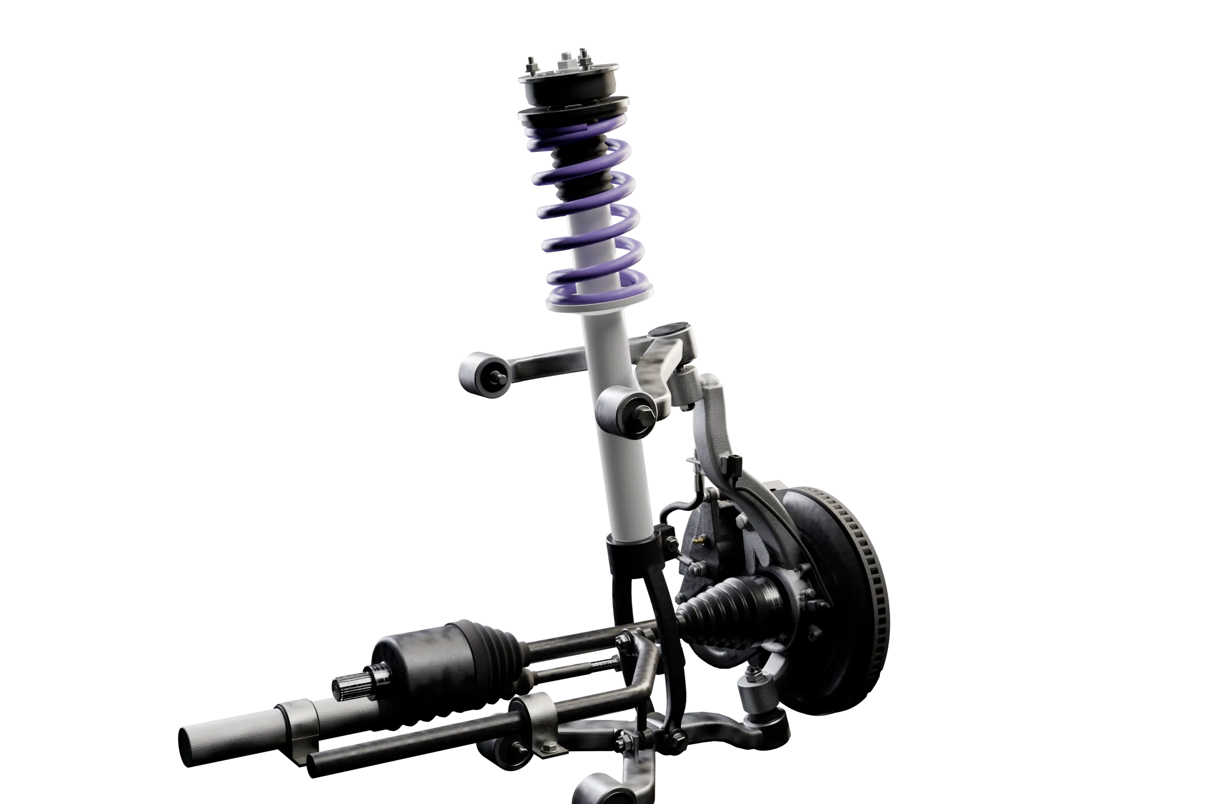 The shock absorber lit in the app's 3D model of the double wishbone, with the rest of the assembly darkened