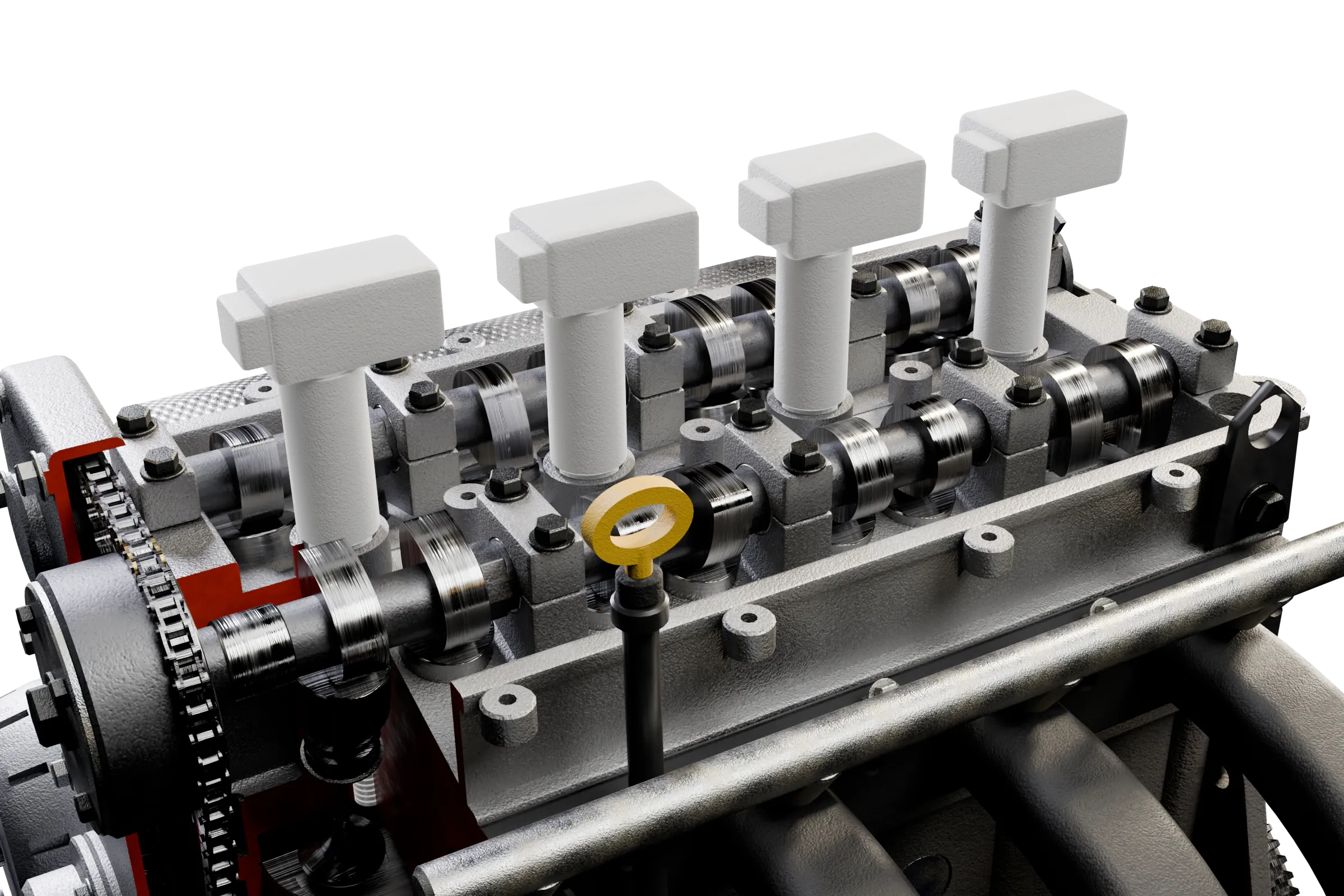 The spark plugs lit in the app's 3D model of the engine, with the rest of the assembly darkened