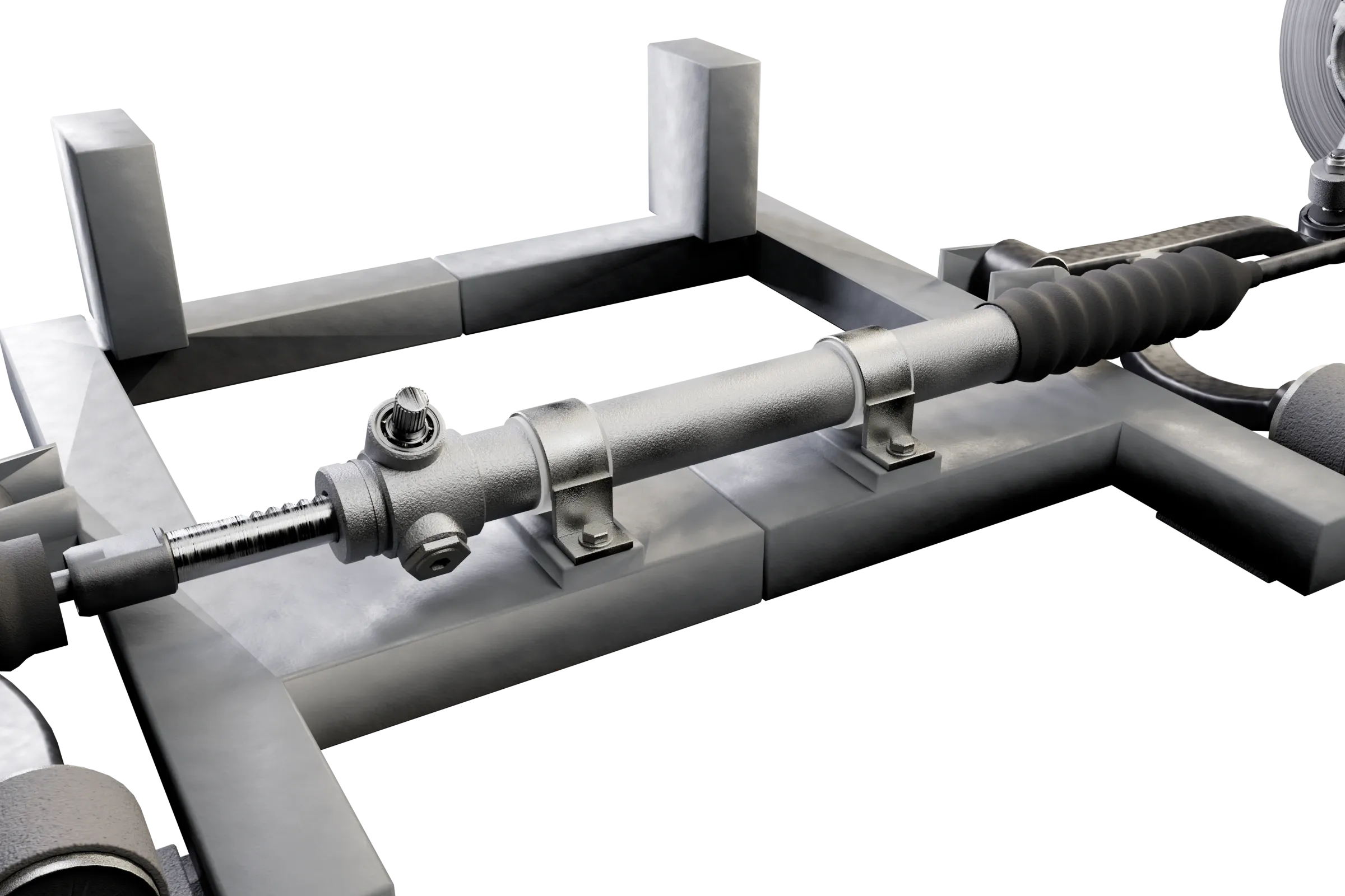 The steering rack bushings lit in the app's 3D model of the rack and pinion steering, with the rest of the assembly darkened