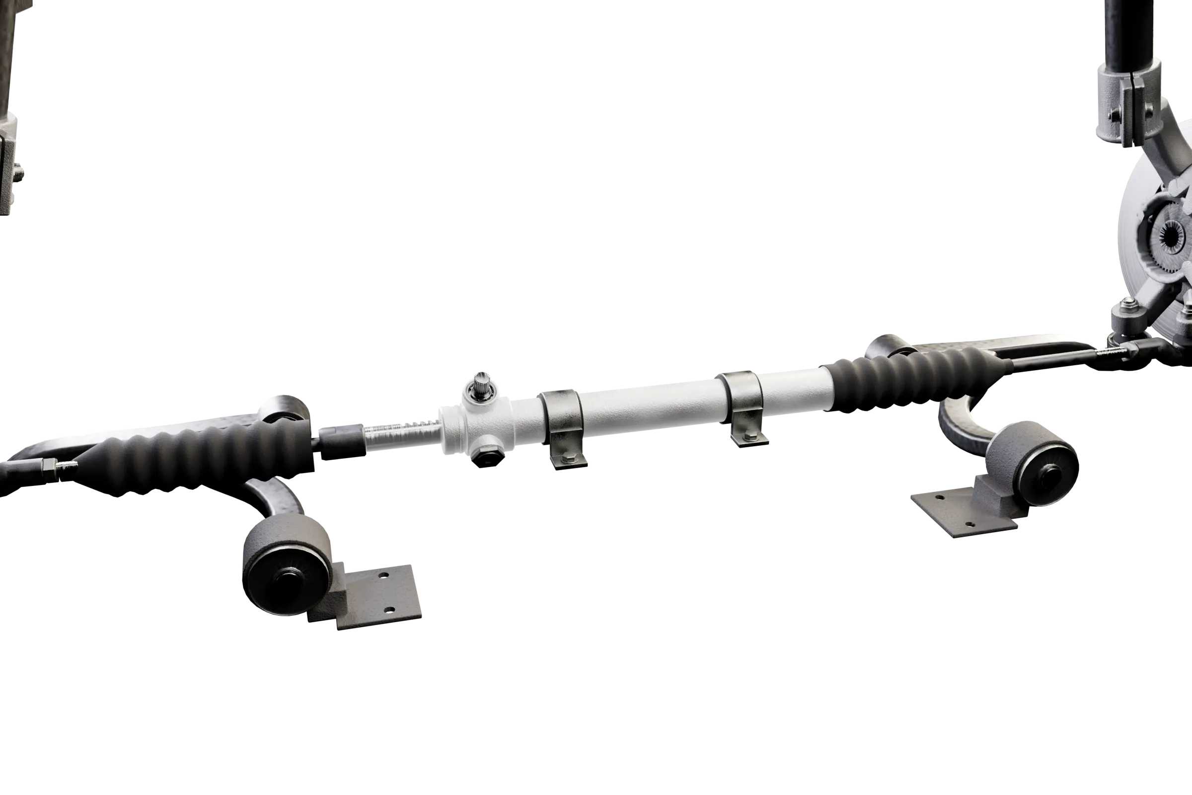 The steering rack lit in the app's 3D model of the rack and pinion steering, with the rest of the assembly darkened