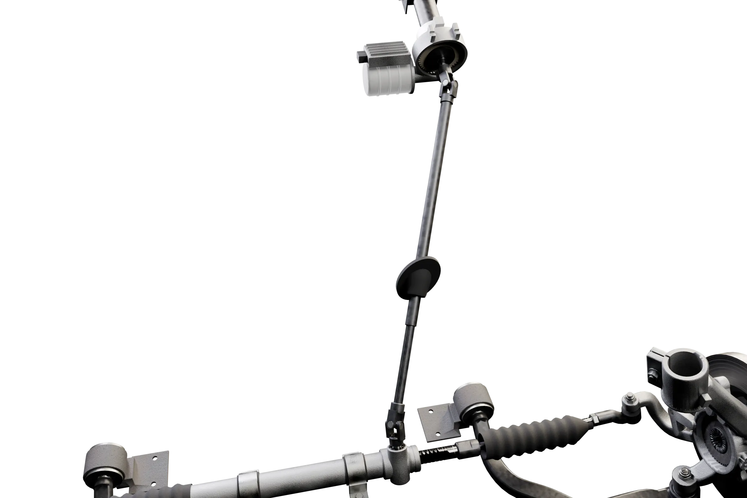 The likely causes lit in the app's 3D model of the rack and pinion steering, with the rest of the assembly darkened