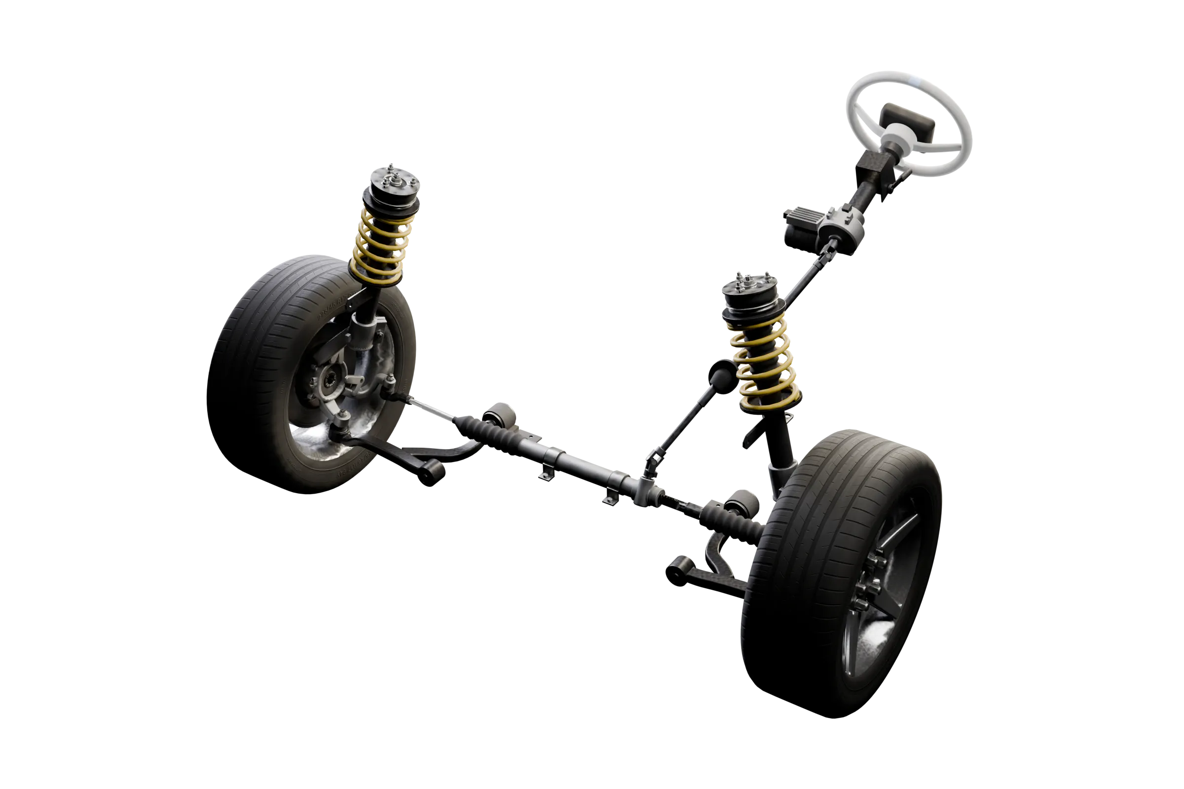 The likely causes lit in the app's 3D model of the rack and pinion steering, with the rest of the assembly darkened