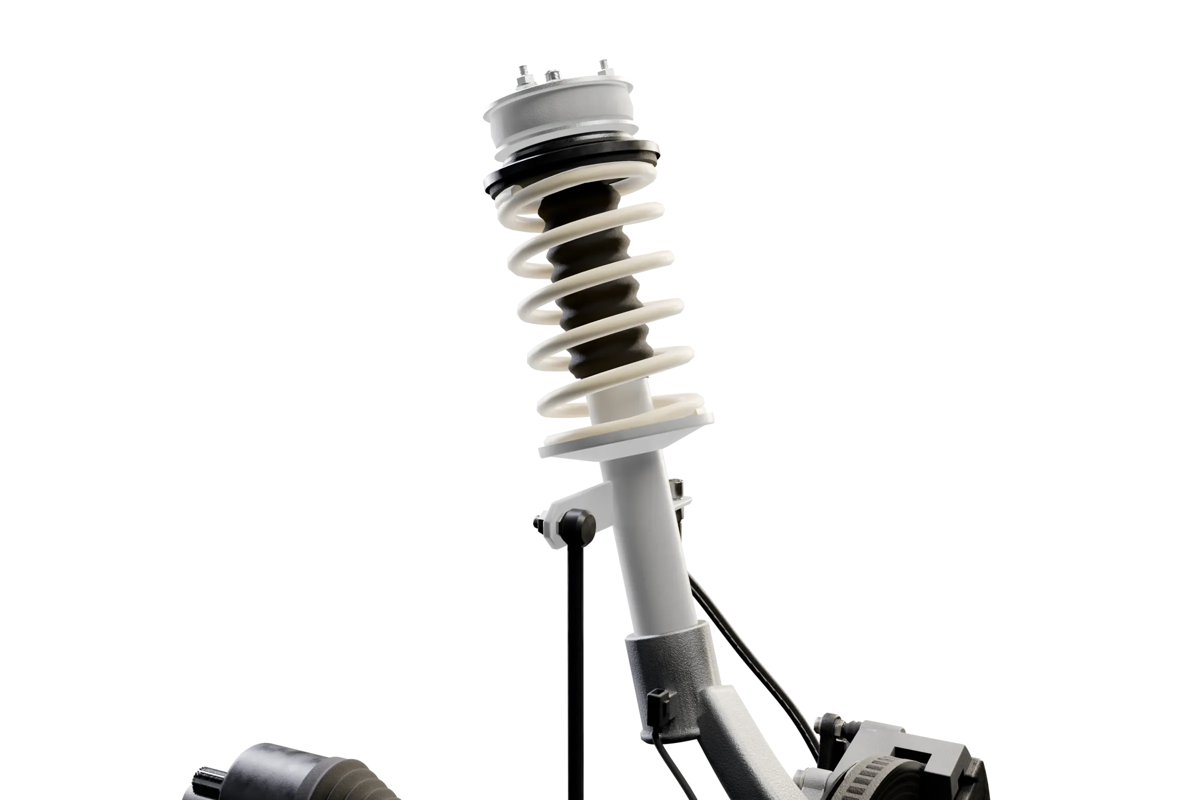 The parts compared lit in the app's 3D model of the MacPherson strut, with the rest of the assembly darkened