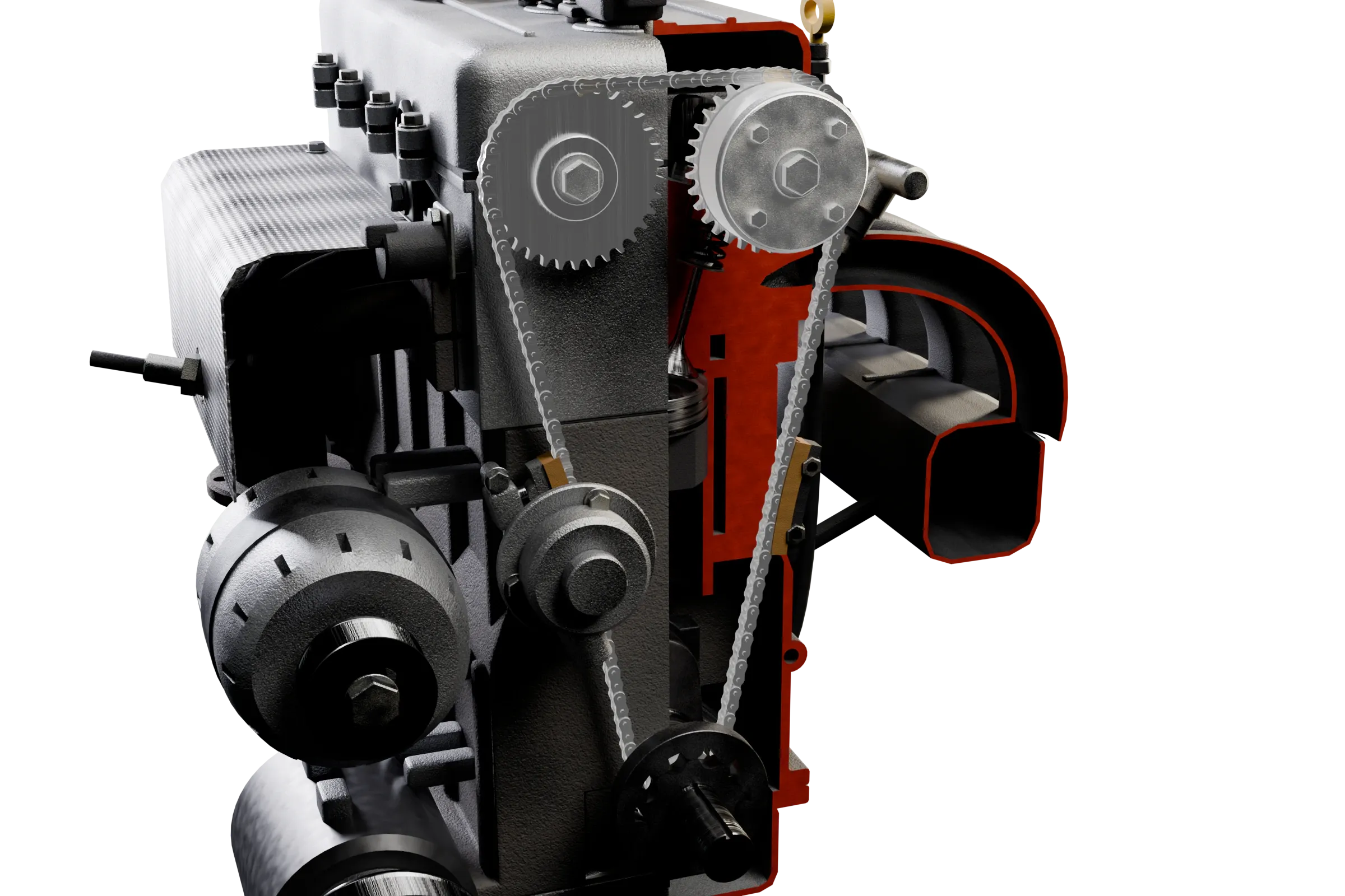The parts compared lit in the app's 3D model of the engine, with the rest of the assembly darkened