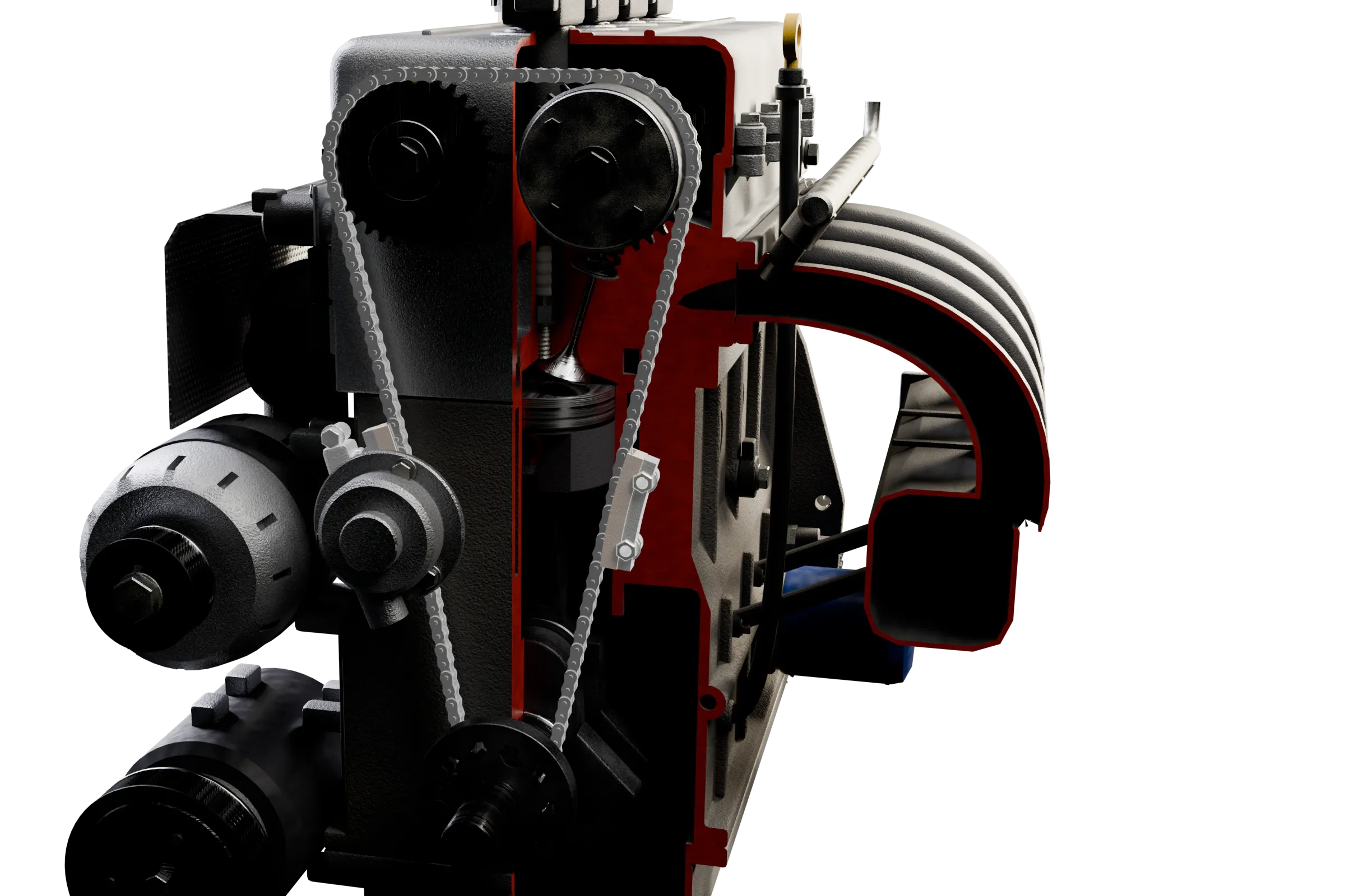 The timing chain lit in the app's 3D model of the engine, with the rest of the assembly darkened