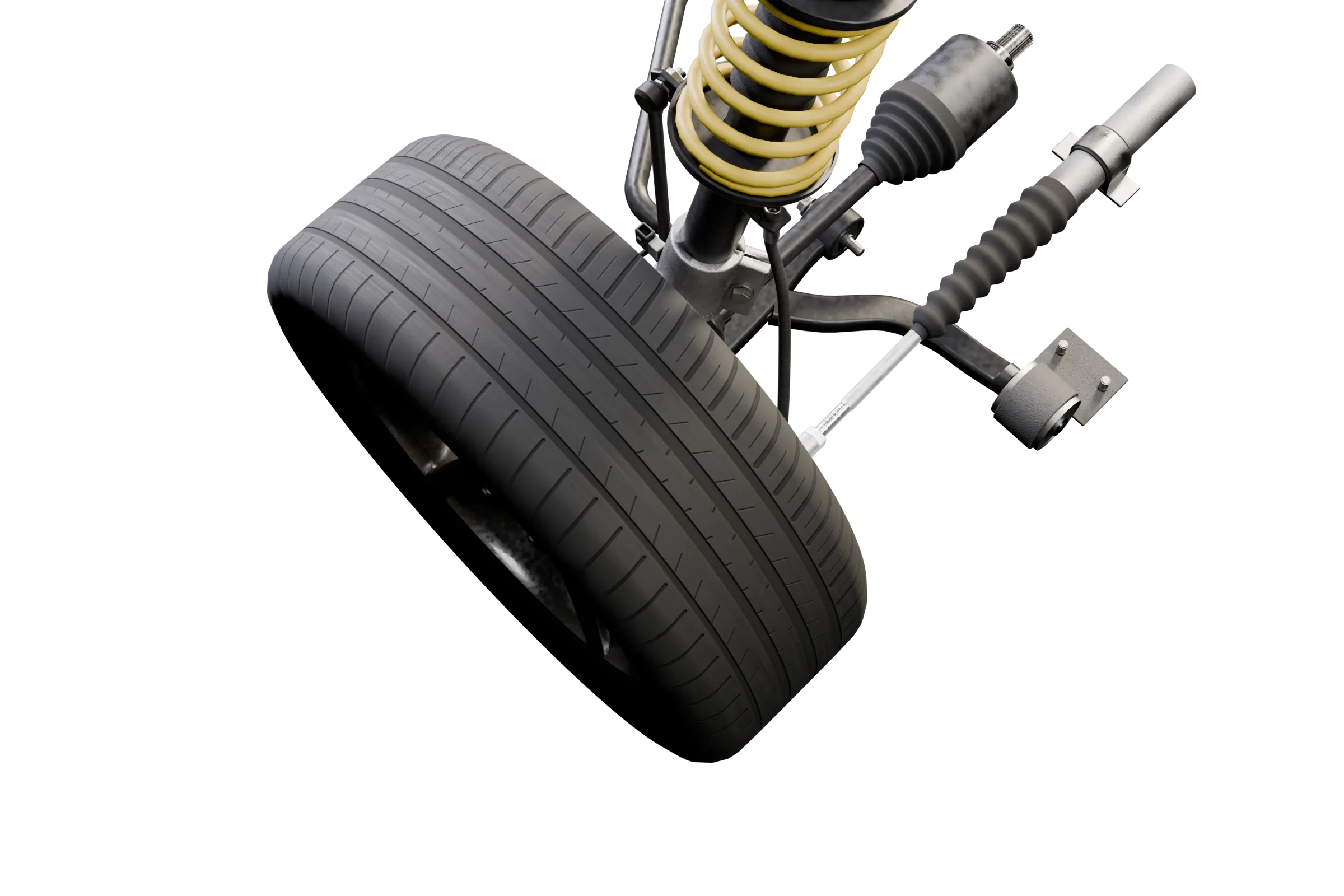 The parts compared lit in the app's 3D model of the MacPherson strut, with the rest of the assembly darkened