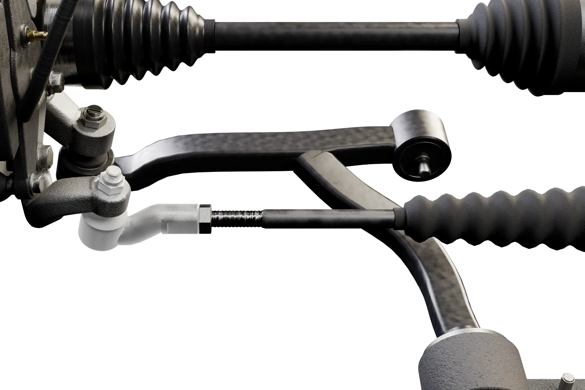 The track rod end lit in the app's 3D model of the MacPherson strut, with the rest of the assembly darkened