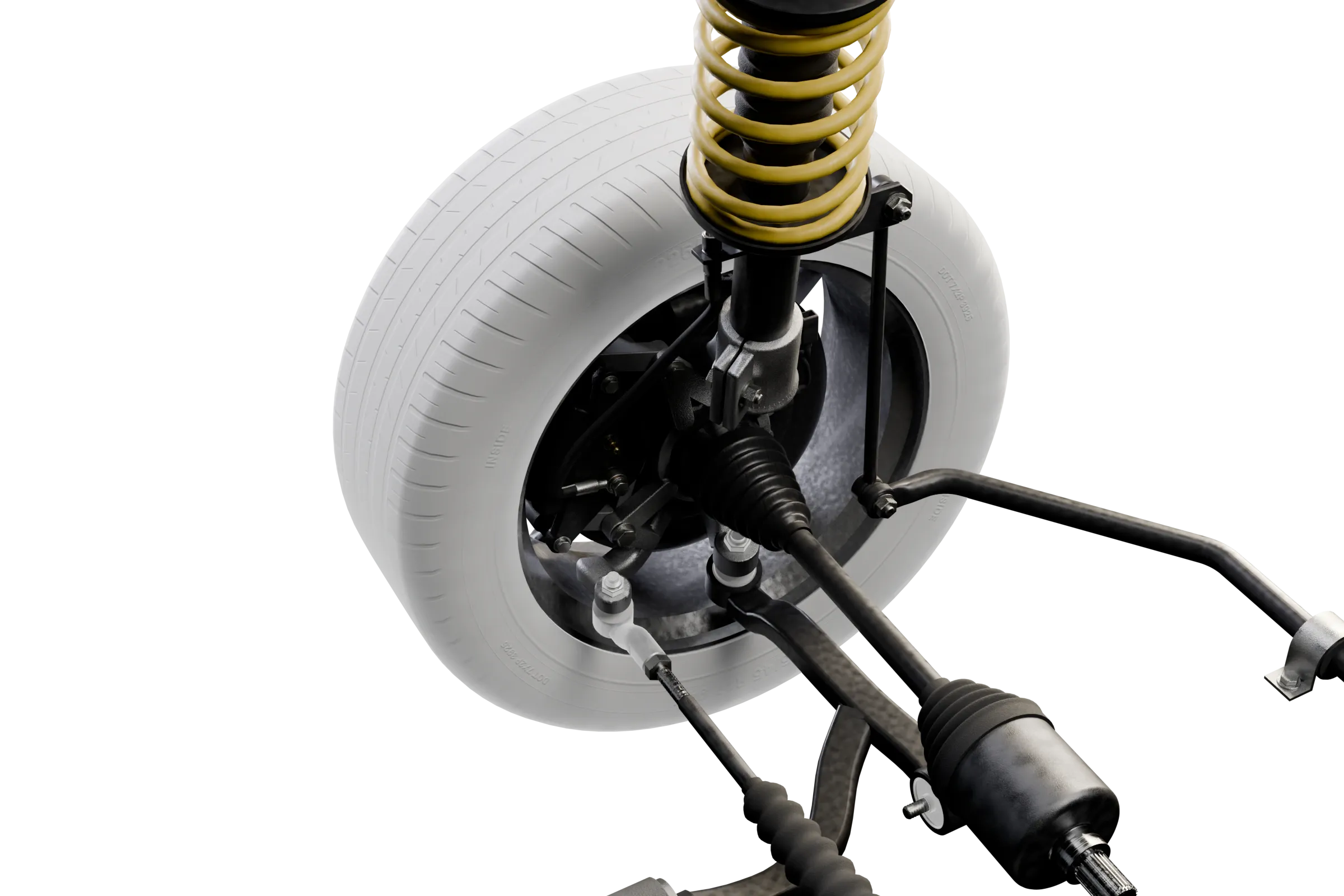 The likely causes lit in the app's 3D model of the MacPherson strut, with the rest of the assembly darkened