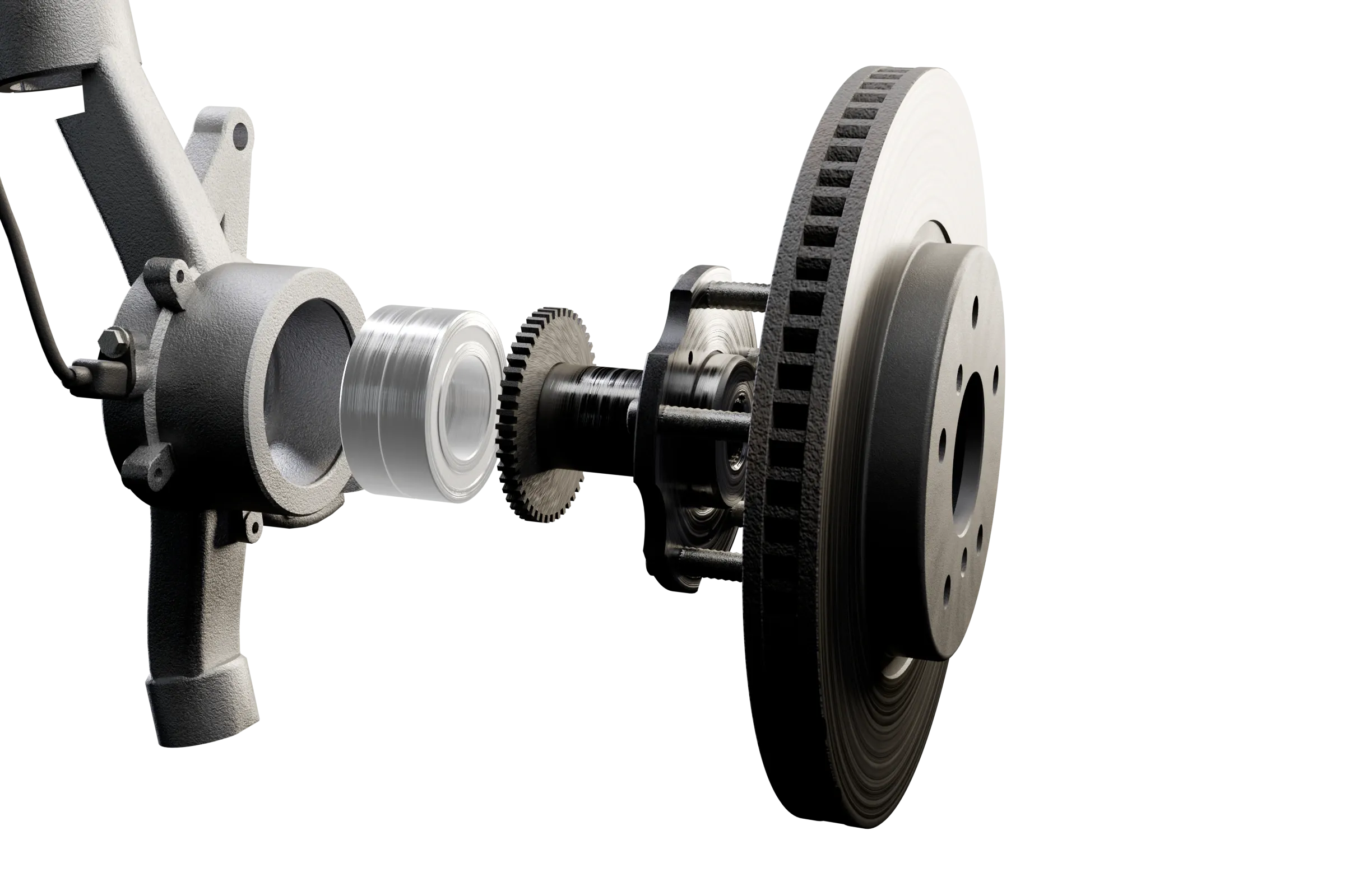 The wheel bearing lit in the app's 3D model of the brake, with the rest of the assembly darkened