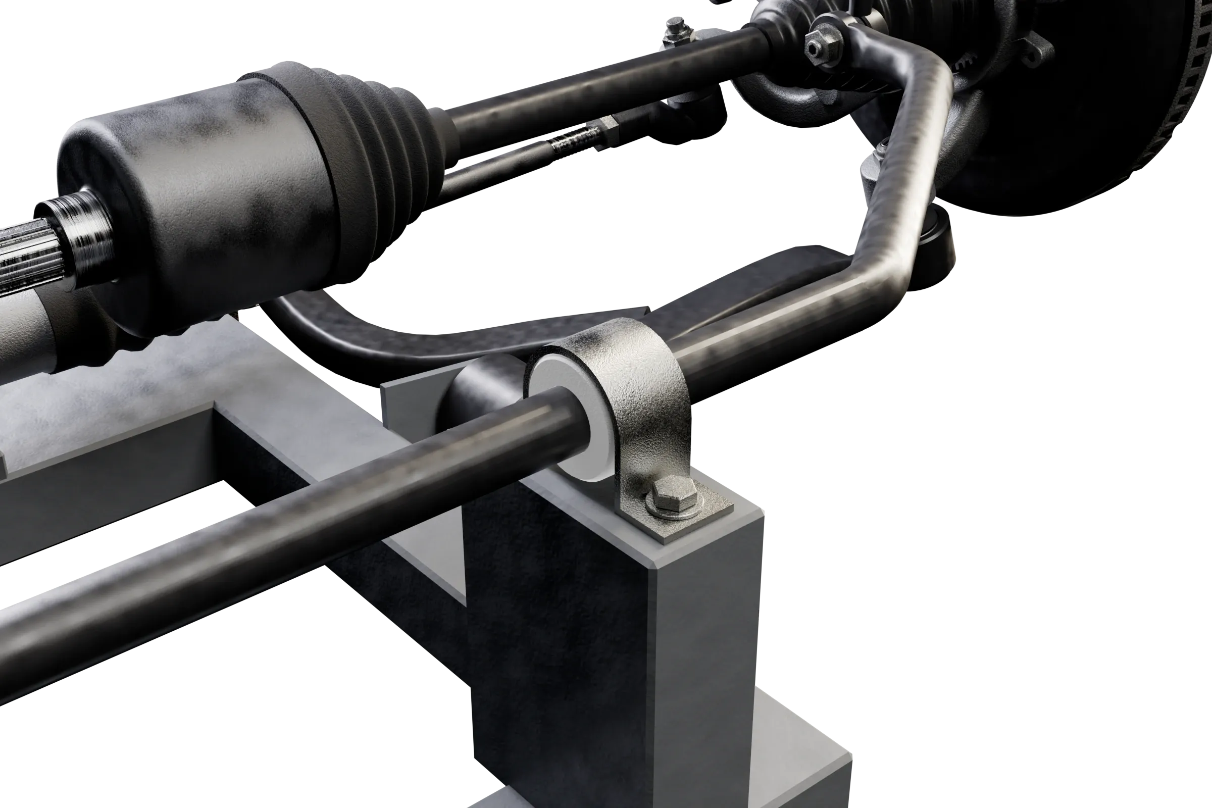 The sway bar bushings lit in the app's 3D model of the MacPherson strut, with the rest of the assembly darkened