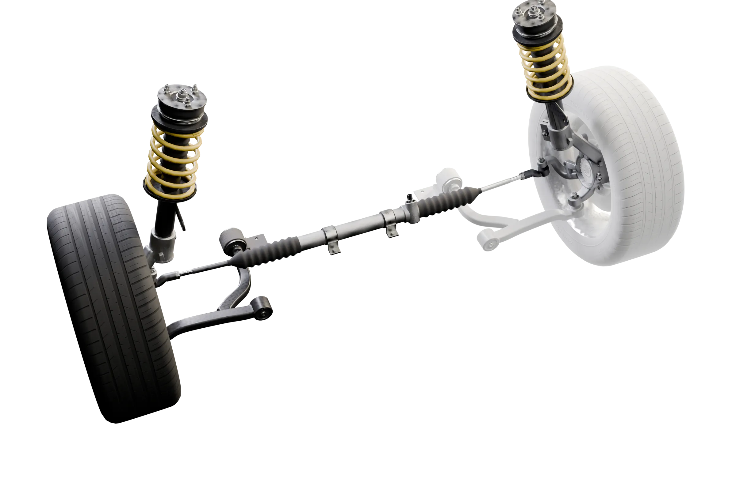 The likely causes lit in the app's 3D model of the rack and pinion steering, with the rest of the assembly darkened
