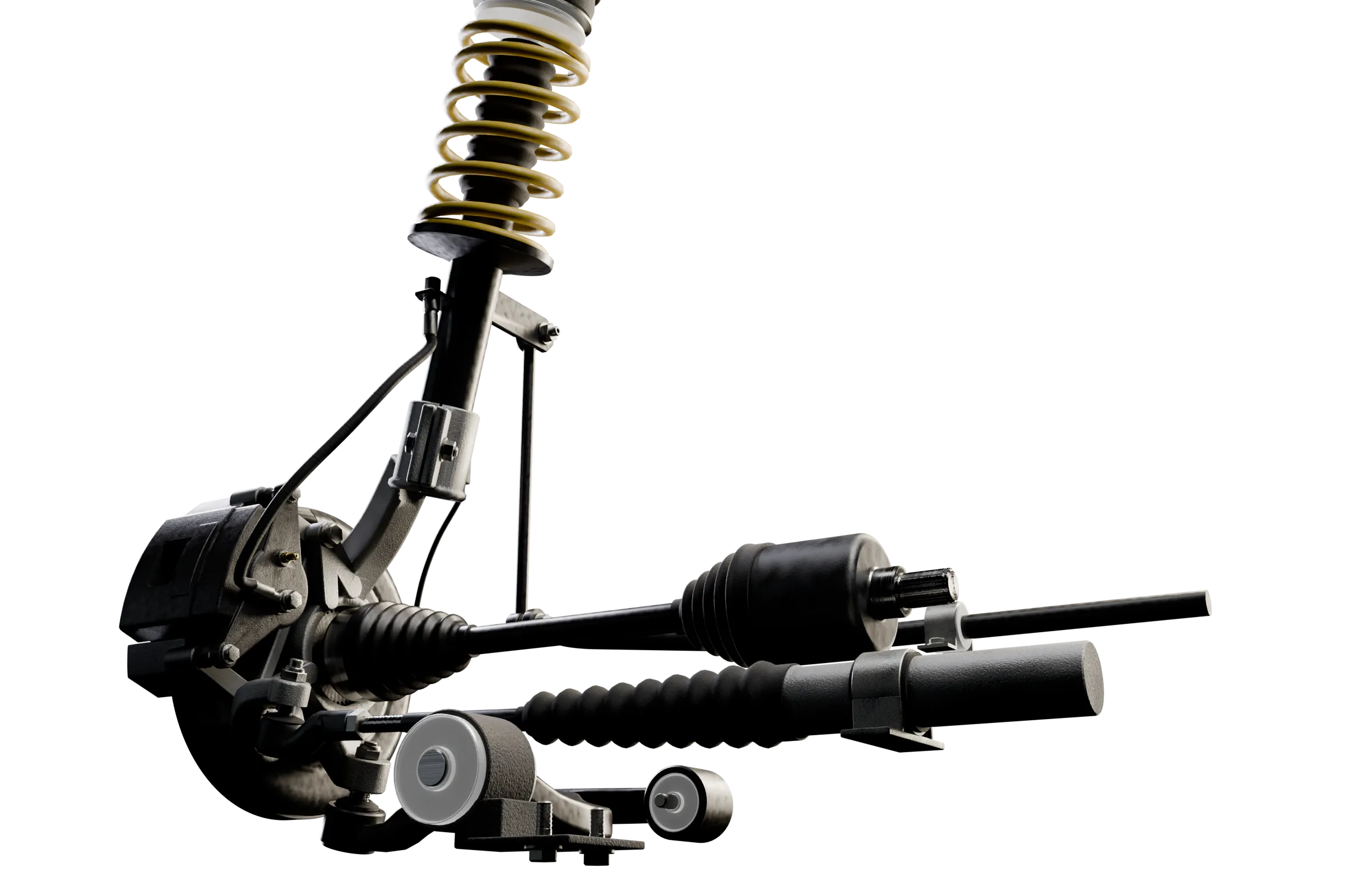 The likely causes lit in the app's 3D model of the MacPherson strut, with the rest of the assembly darkened